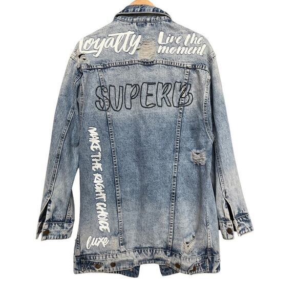 American Bazi Oversized Denim Jacket S | Graffiti Text, Distressed, Longline Fit - Picture 4 of 9